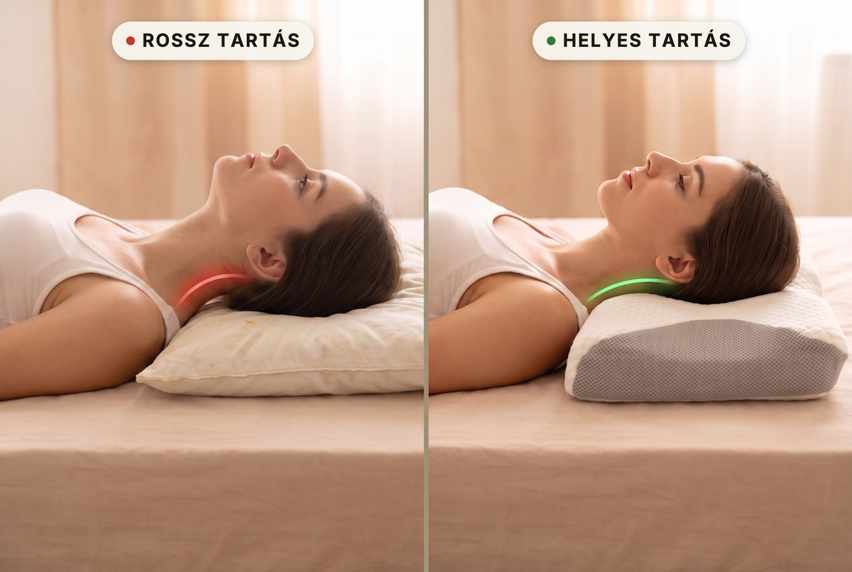 Rossz tartás (lapos régi párna, hátraesett nyak) és helyes tartás (Somnia Contour) összehasonlítás